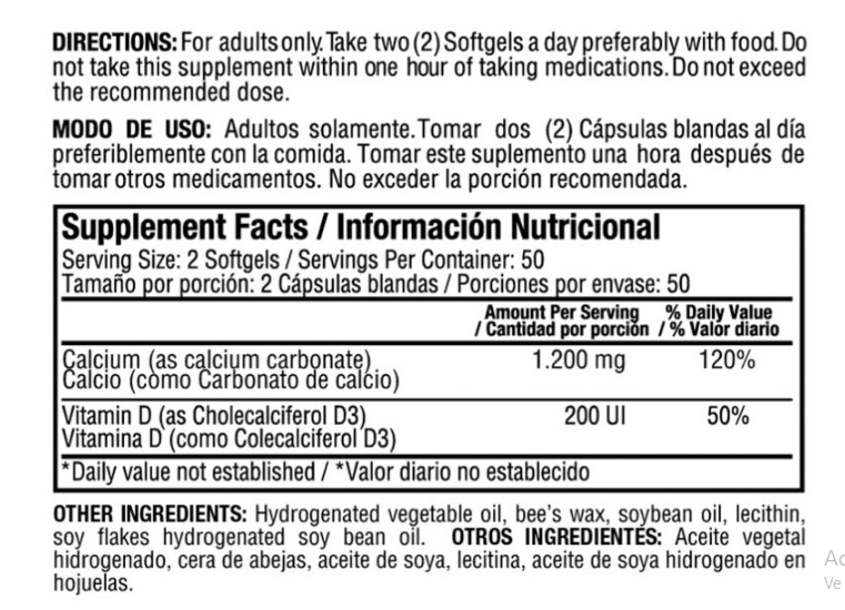 LIQ ABS CALCIUM 1200MG D3 400 IU 100S