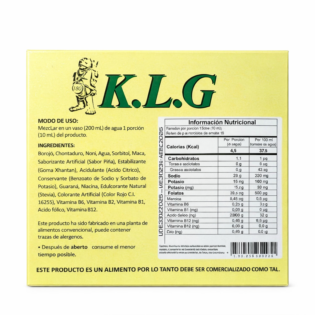 K.L.G Concentrado de Frutas con Borojó, Chontaduro, Noni y Maca – 16 Sachets Sabor Piña