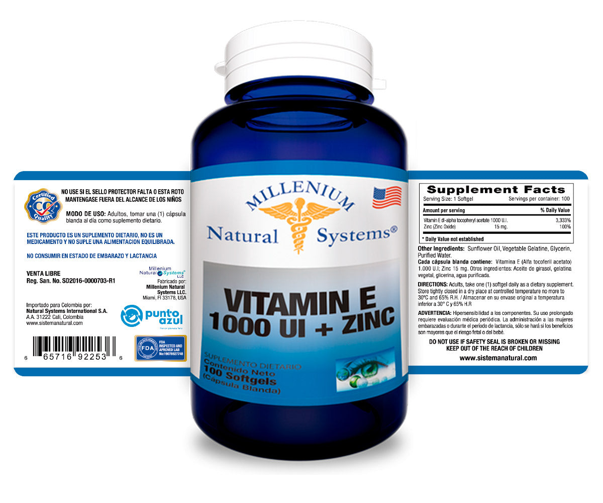Vitamin E 1000 UI + Zinc x 100 Softgels