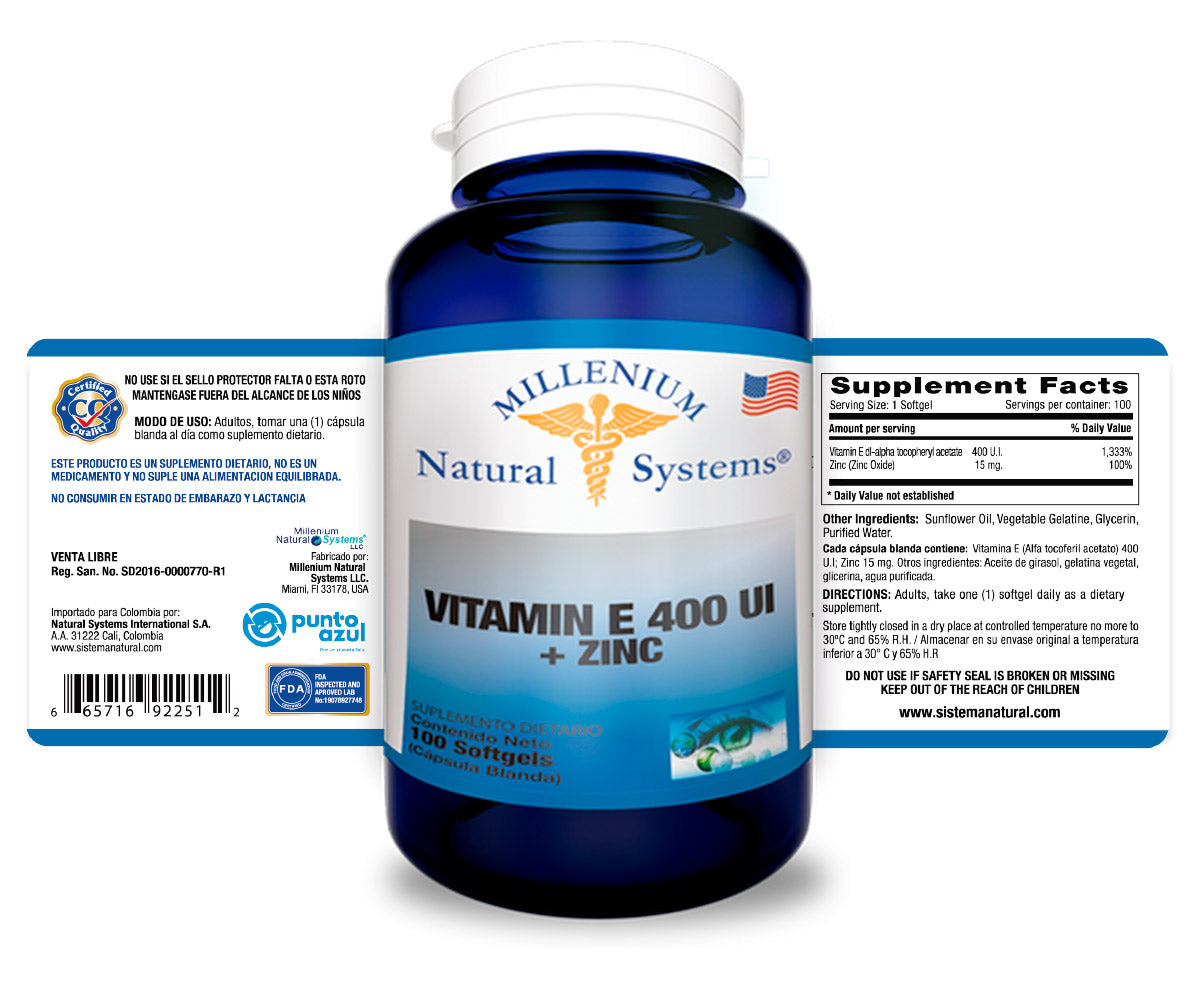 Vitamin E 400 UI + Zinc x 100 Softgels