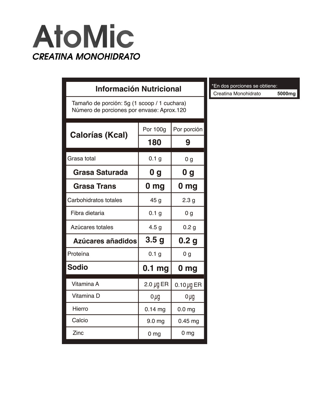 ATOMIC MONOHIDRATO 120 servicios Sin sabor