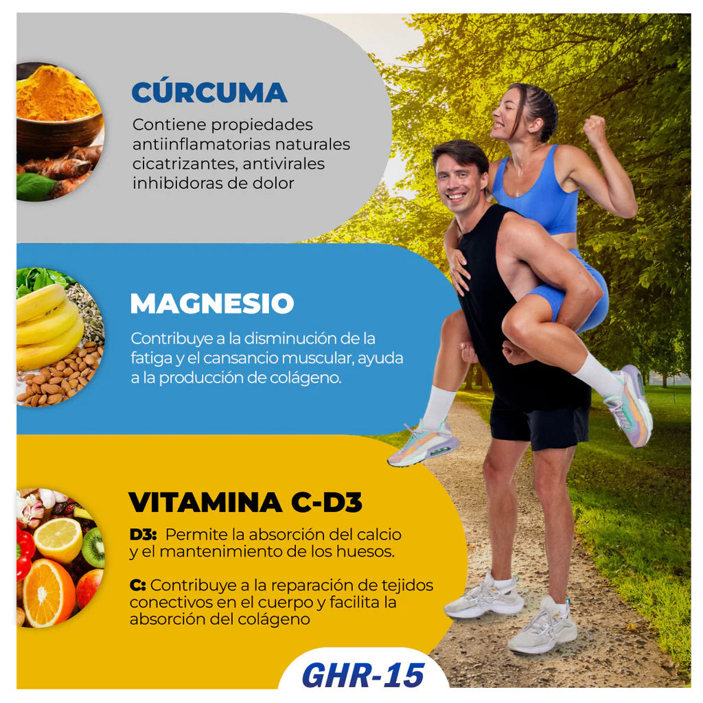 GHR-15 COLÁGENO HIDROLIZADO tipo 1 Y 2 + Cúrcuma + magnesio+ vitamina C. Caja X 25 Sobres. Sabor a naranja