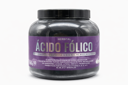 Ácido Fólico en Polvo con Vitaminas y Minerales Herbital 1000 g – Sabor Coco Vainilla - Pharmazen