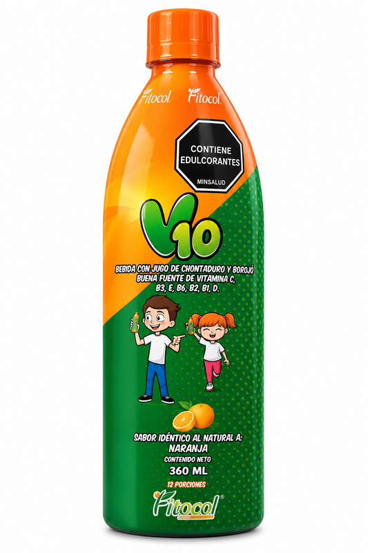 V10 Fitocol 360 ml – Bebida de Chontaduro y Borojó con Vitaminas B, C, D y E | Sabor Naranja