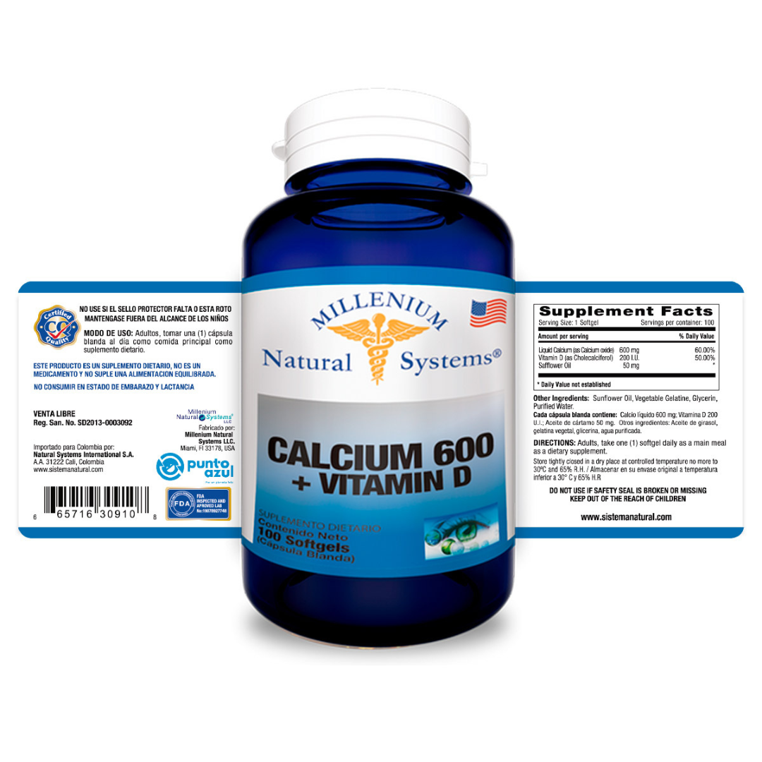 Calcium 600 + Vitamin D x 100 Softgels – Natural systems