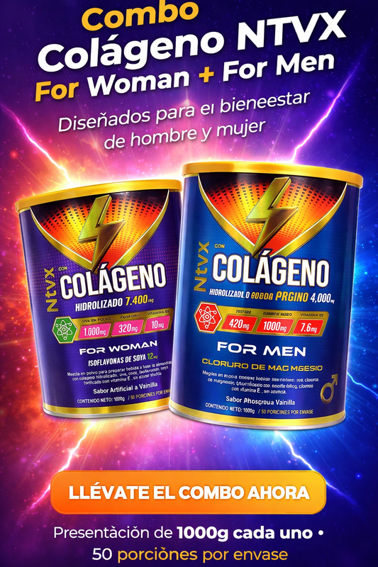 Combo Colágeno NTVX For Woman + For Men 1000g | Colágeno Hidrolizado con Magnesio, Zinc, Uva e Isoflavonas