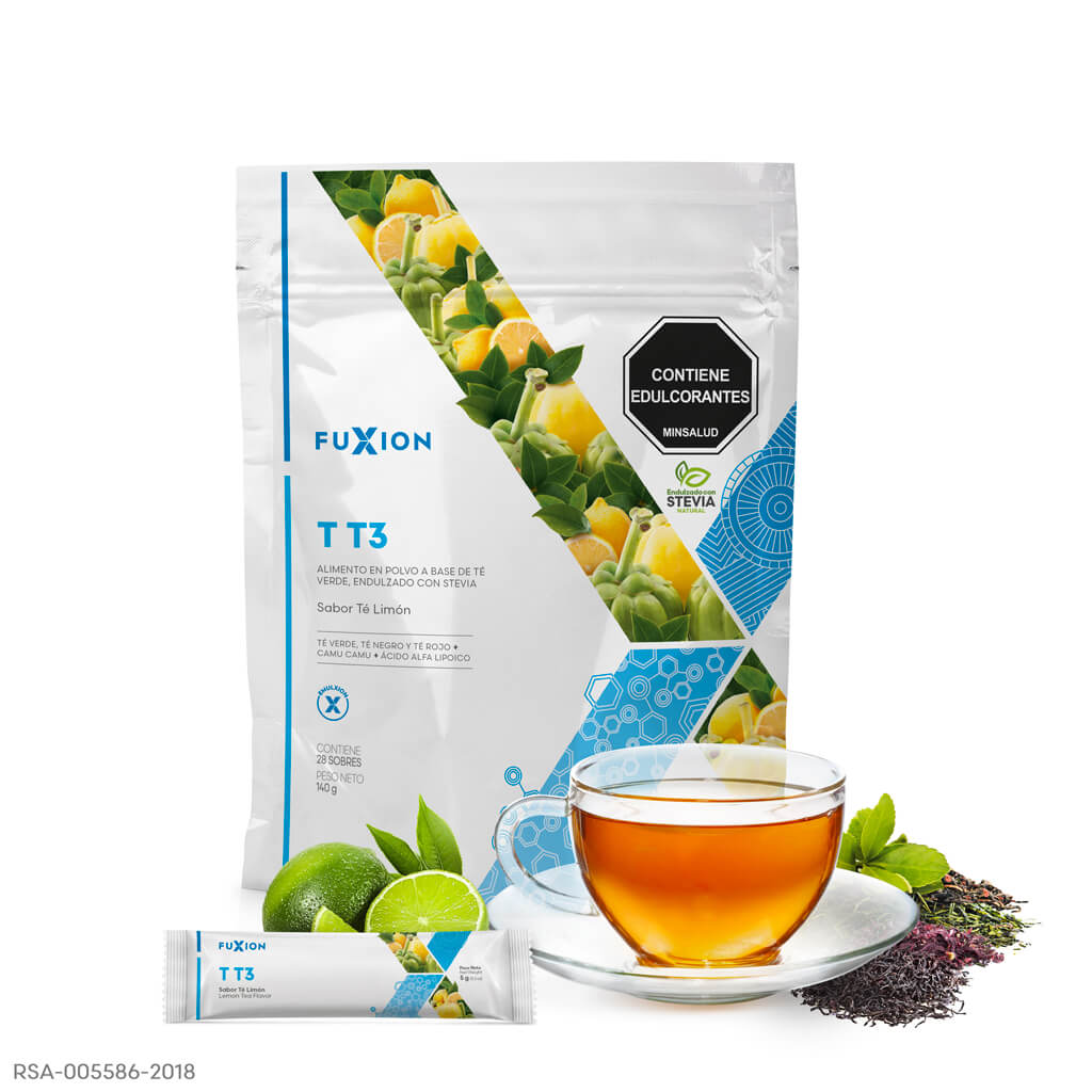 Fuxion T T3 – Té Verde, Negro y Rojo con Camu Camu y Cromo | Sabor Té Limón (28 sobres – 140 g)