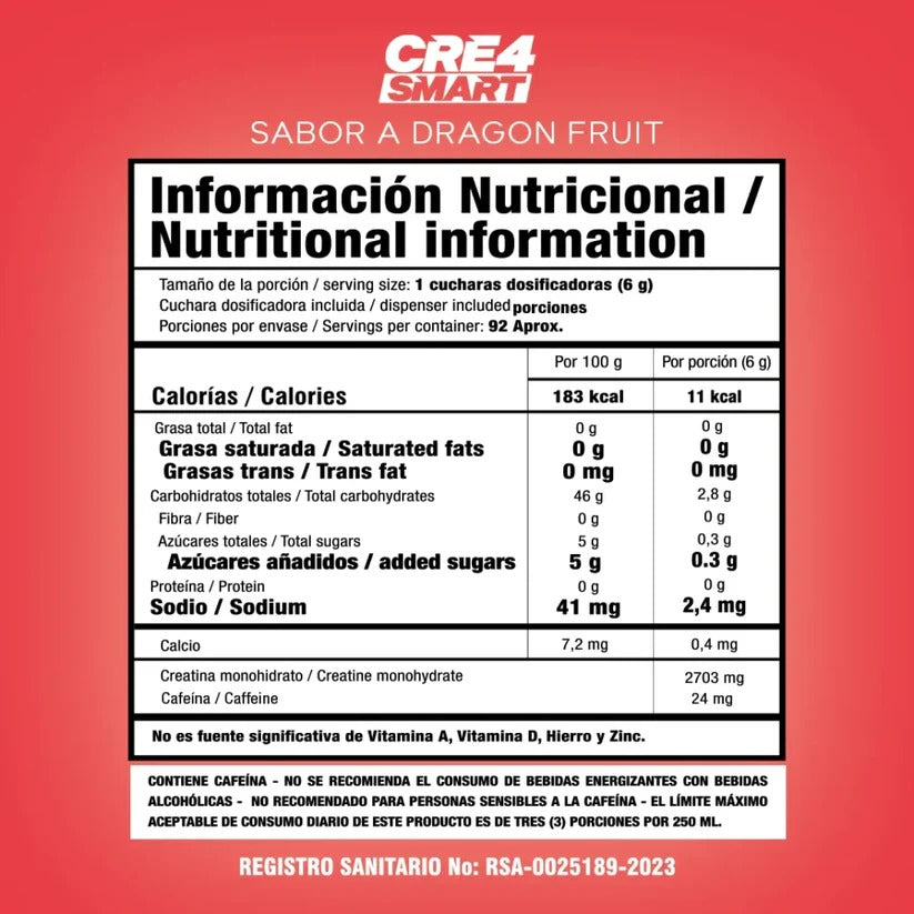 CRE4 SMART – Creatina sabor Dragon Fruit, con cafeína – 550 g