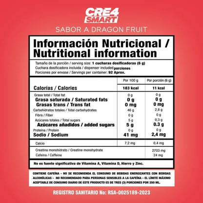 CRE4 SMART – Creatina sabor Dragon Fruit, con cafeína – 550 g