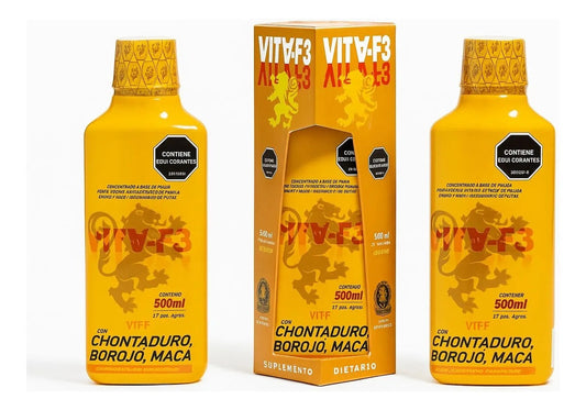 VITA-F3 con Chontaduro, Borojó, Maca y Vitaminas B1, B2, B3, B6 – 500 ml