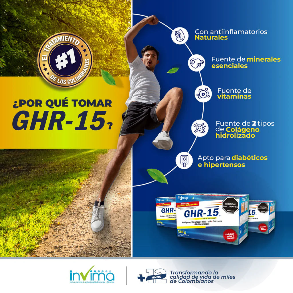 GHR-15 COLÁGENO HIDROLIZADO tipo 1 Y 2 + Cúrcuma + magnesio+ vitamina C. Caja X 25 Sobres. Sabor a naranja