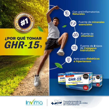 GHR-15 COLÁGENO HIDROLIZADO tipo 1 Y 2 + Cúrcuma + magnesio+ vitamina C. Caja X 25 Sobres. Sabor a naranja