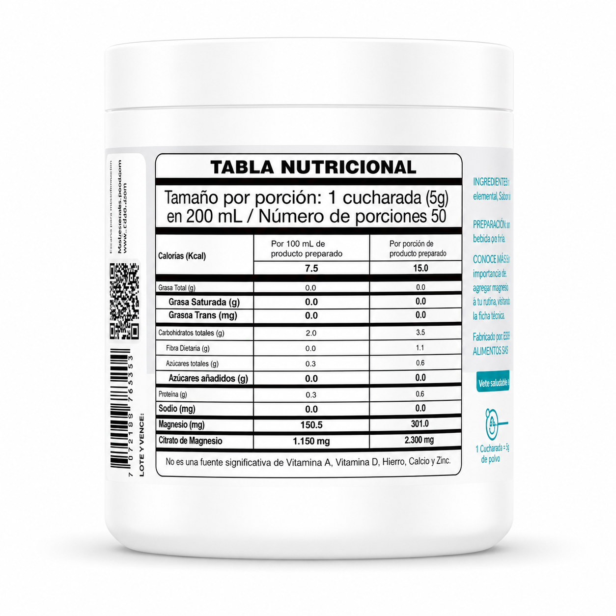 Citrato de Magnesio 2.300 mg Essentials Foods en Polvo 250 g | 50 Porciones
