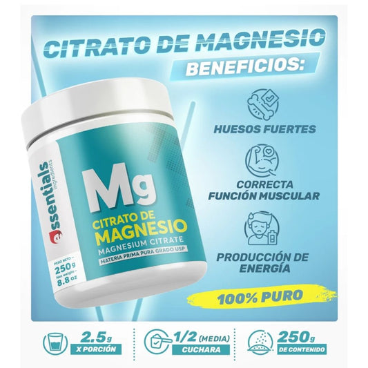 Citrato de Magnesio En Polvo Puro 250 Gr - Essentials