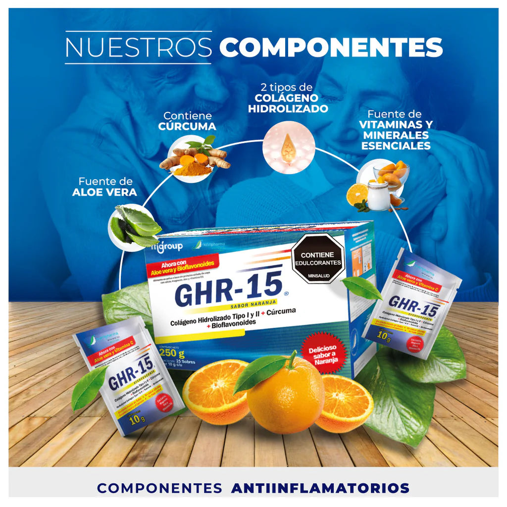 GHR-15 COLÁGENO HIDROLIZADO tipo 1 Y 2 + Cúrcuma + magnesio+ vitamina C. Caja X 25 Sobres. Sabor a naranja