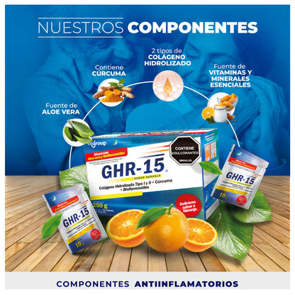 GHR-15 COLÁGENO HIDROLIZADO tipo 1 Y 2 + Cúrcuma + magnesio+ vitamina C. Caja X 25 Sobres. Sabor a naranja