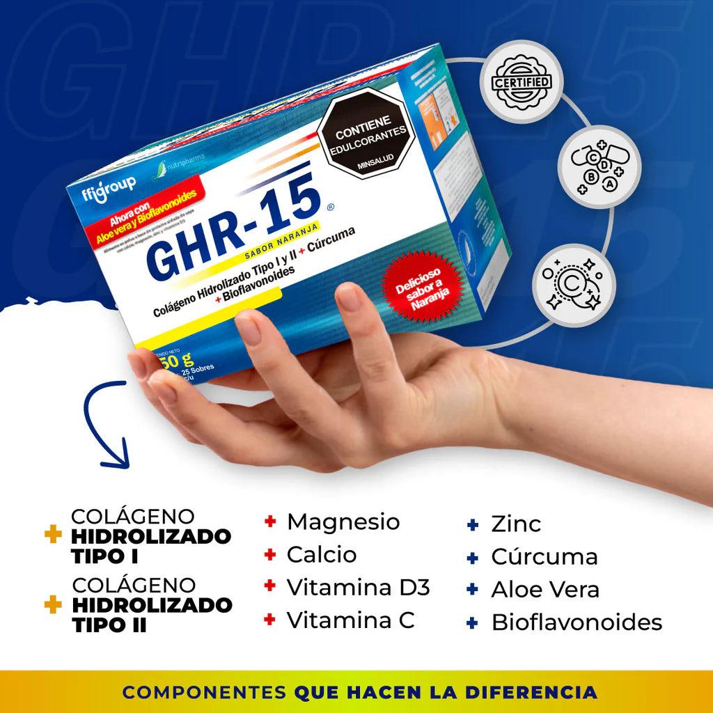 GHR-15 COLÁGENO HIDROLIZADO tipo 1 Y 2 + Cúrcuma + magnesio+ vitamina C. Caja X 25 Sobres. Sabor a naranja