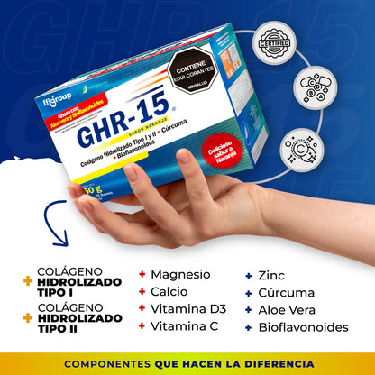 GHR-15 COLÁGENO HIDROLIZADO tipo 1 Y 2 + Cúrcuma + magnesio+ vitamina C. Caja X 25 Sobres. Sabor a naranja