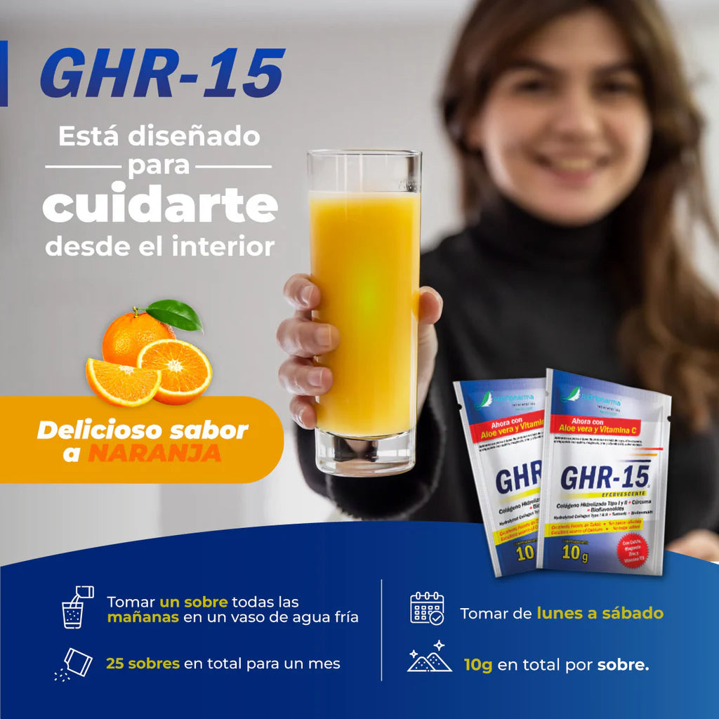 GHR-15 COLÁGENO HIDROLIZADO tipo 1 Y 2 + Cúrcuma + magnesio+ vitamina C. Caja X 25 Sobres. Sabor a naranja