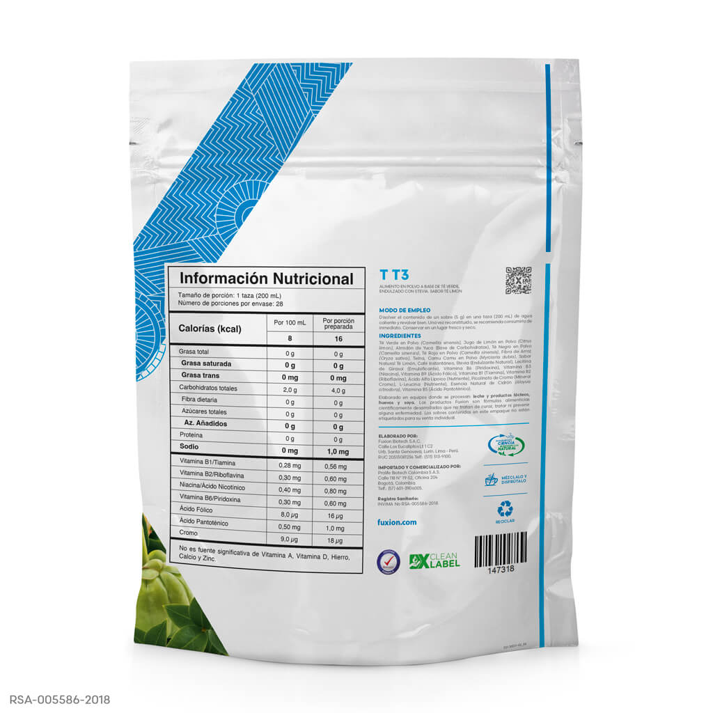 Fuxion T T3 – Té Verde, Negro y Rojo con Camu Camu y Cromo | Sabor Té Limón (28 sobres – 140 g)