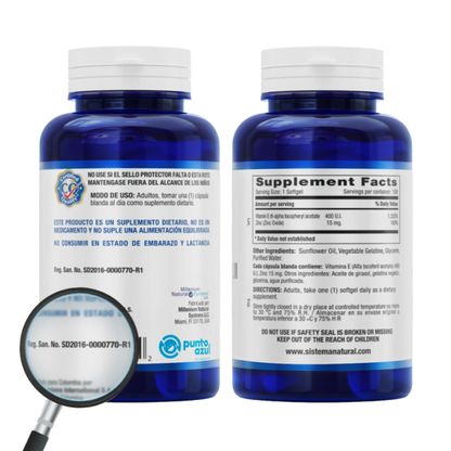 Vitamina E 400 UI + Zinc Millennium Natural Systems x 100 Softgels